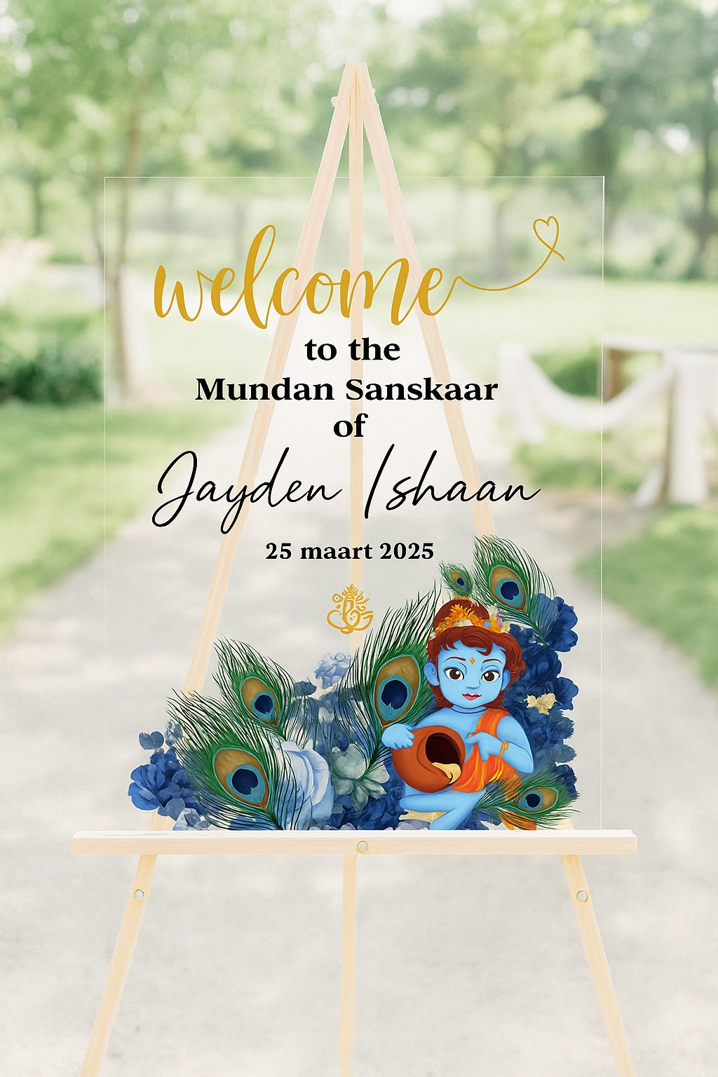 Personalized Mundan Sanskaar Welcome Board – Krishna Theme with Peacock Feathers (Digital & Printed Options)