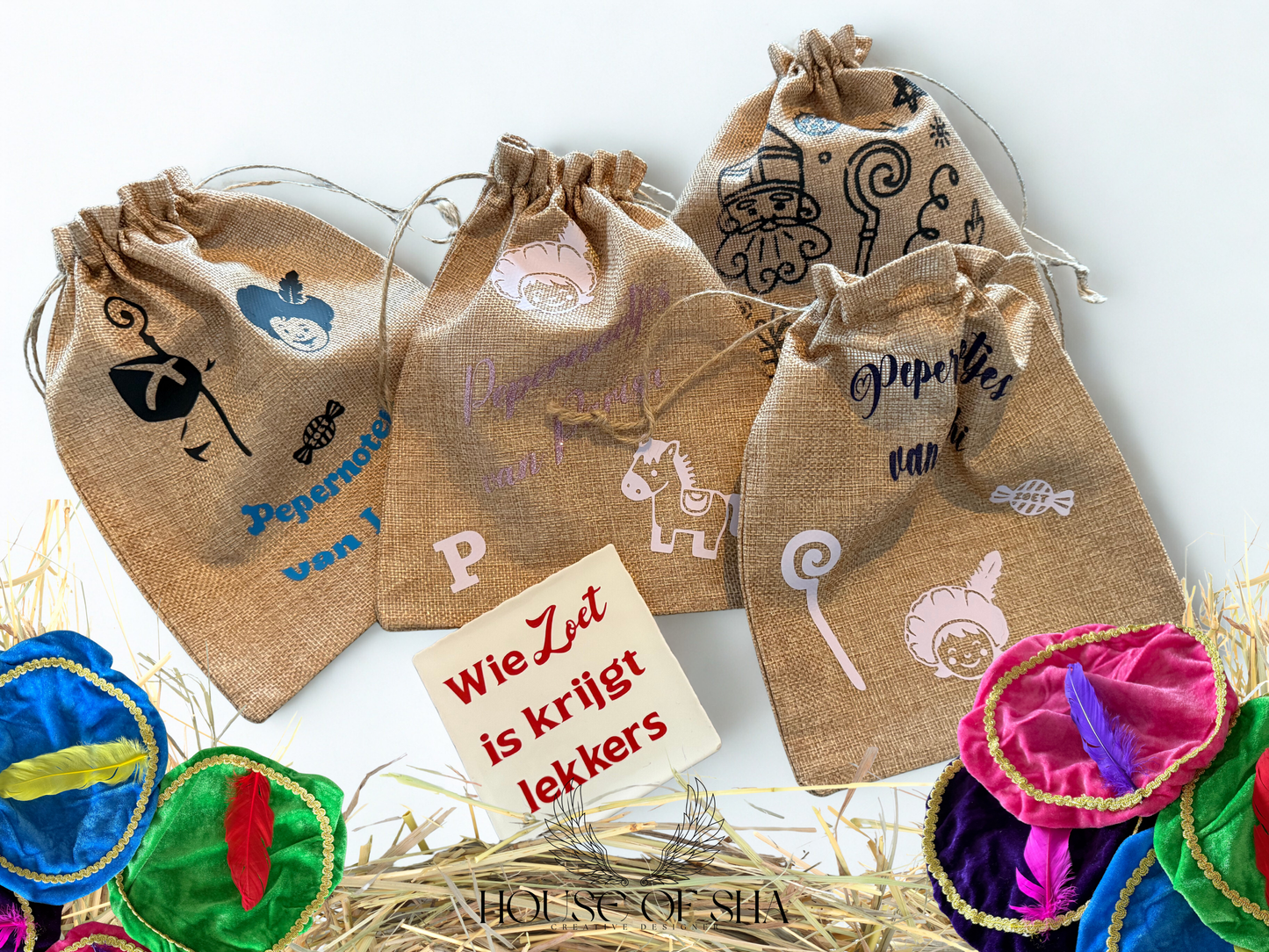 Jute Sinterklaas zakje – gepersonaliseerd met naam en Sinterklaasprint