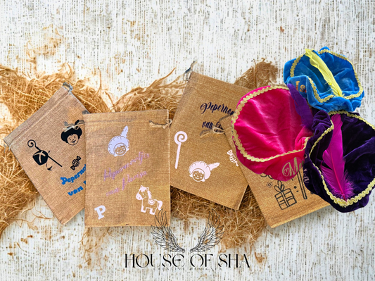 Jute Sinterklaas zakje – gepersonaliseerd met naam en Sinterklaasprint
