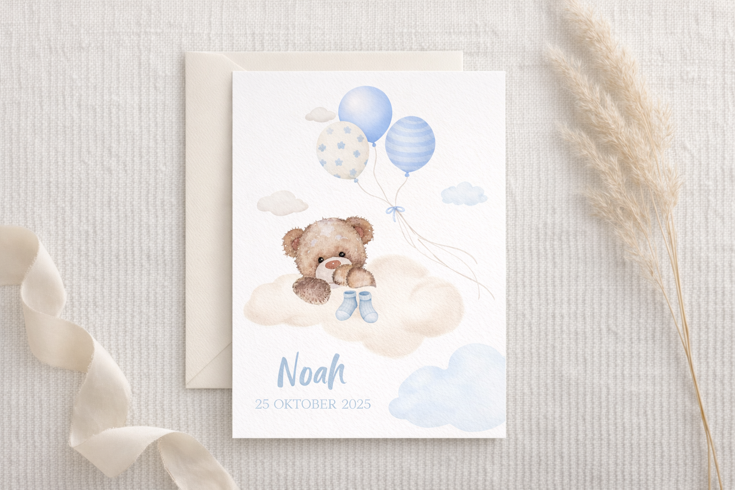 Digital Birth Announcement – “Blue Teddy Balloons” Design