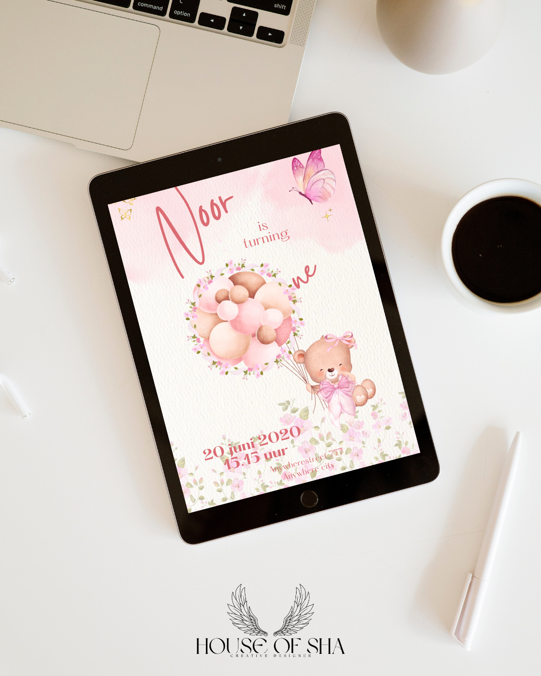 Pastel Pink Teddy Bear Birthday Invitation – Customizable for Baby Girl’s First Birthday (Digital & Printed)