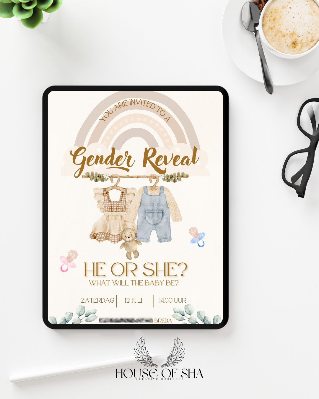 Neutral Boho Gender Reveal Invitation – He or She Design (Digital & Printed Options)
