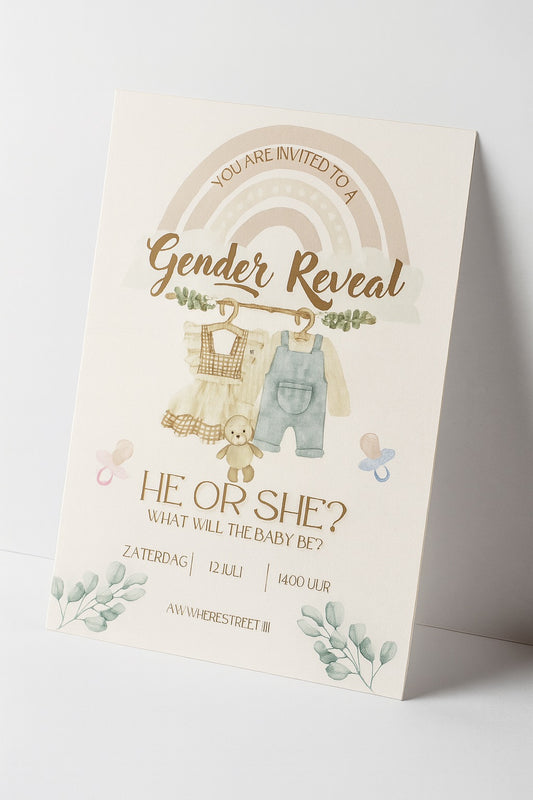 Neutral Boho Gender Reveal Invitation – He or She Design (Digital & Printed Options)