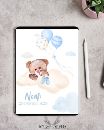 Digital Birth Announcement – “Blue Teddy Balloons” Design
