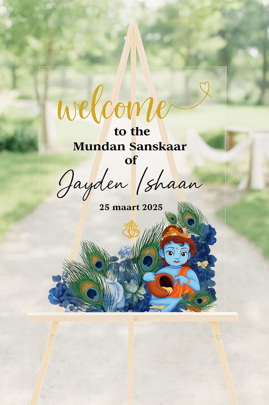 Personalized Mundan Sanskaar Welcome Board – Krishna Theme with Peacock Feathers (Digital & Printed Options)
