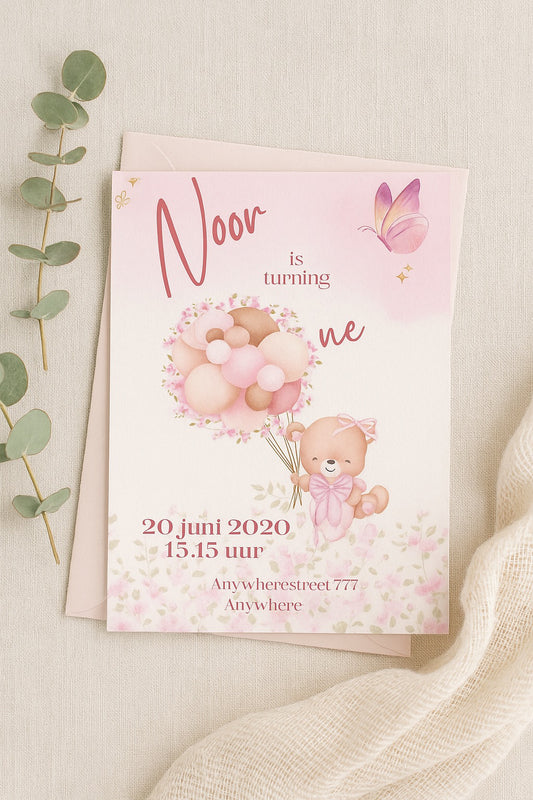 Pastel Pink Teddy Bear Birthday Invitation – Customizable for Baby Girl’s First Birthday (Digital & Printed)