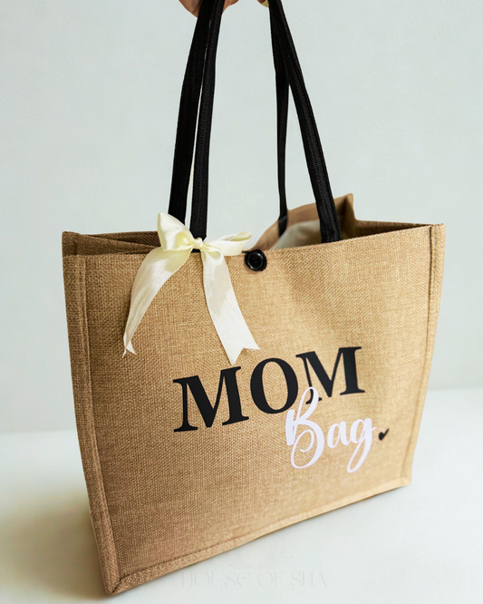 Personalized “Mom Bag” – Jute Tote with Ribbon Detail