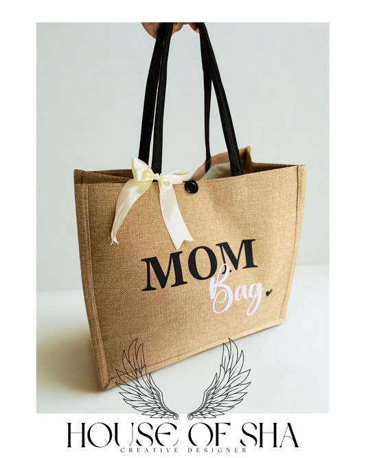 Personalized “Mom Bag” – Jute Tote with Ribbon Detail