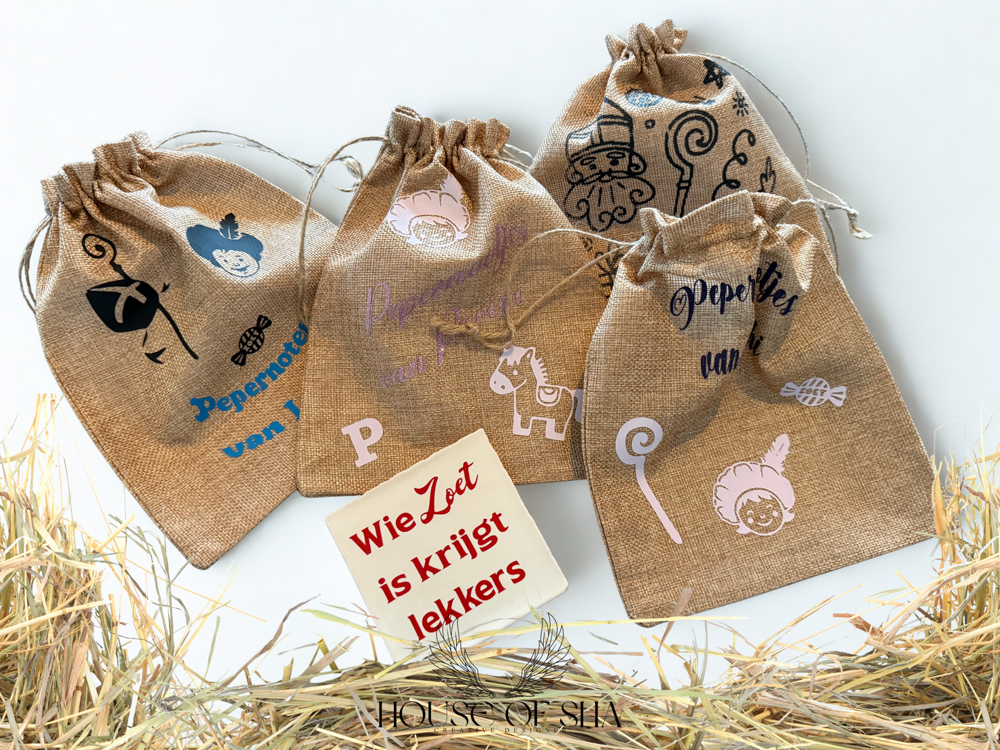 Jute Sinterklaas zakje – gepersonaliseerd met naam en Sinterklaasprint