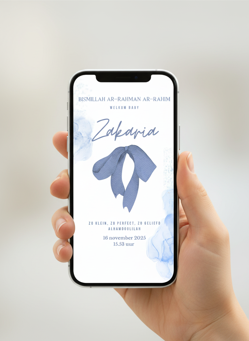 Digital Birth Announcement - Blue Bow Watercolor
