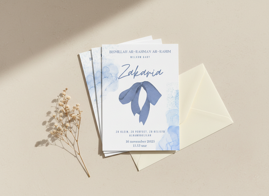 Digital Birth Announcement - Blue Bow Watercolor