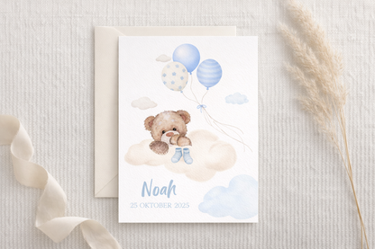 Digital Birth Announcement – “Blue Teddy Balloons” Design