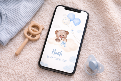 Digital Birth Announcement – “Blue Teddy Balloons” Design